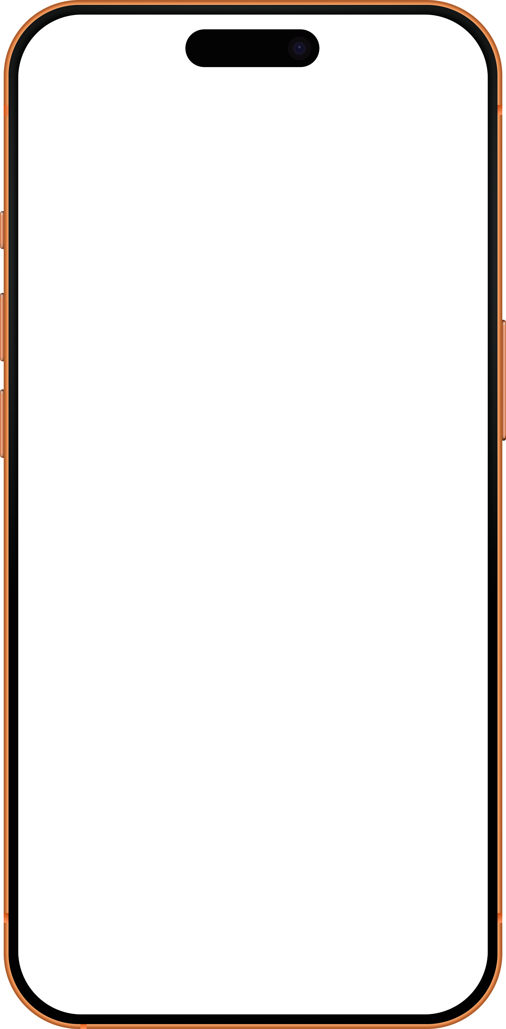 Front view of a smartphone with a cosmic orange frame and a black screen.