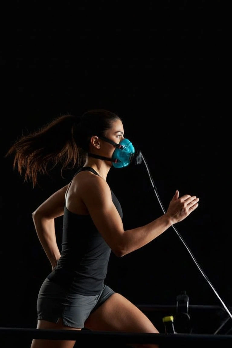 Athletic woman running on a treadmill wearing a blue respiratory mask for fitness testing.