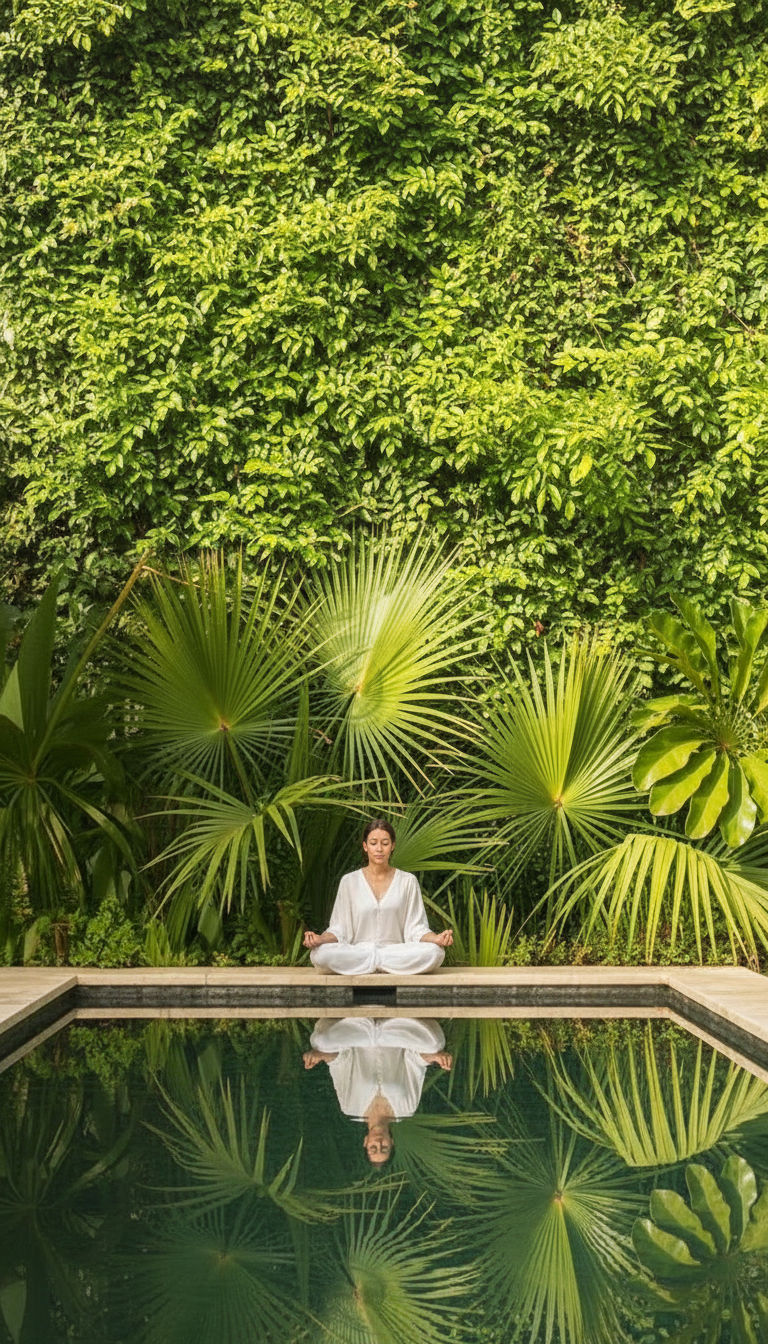 Woman in white outfit meditating cross-legged by a pool with lush green tropical plants behind her and their reflection in the water.