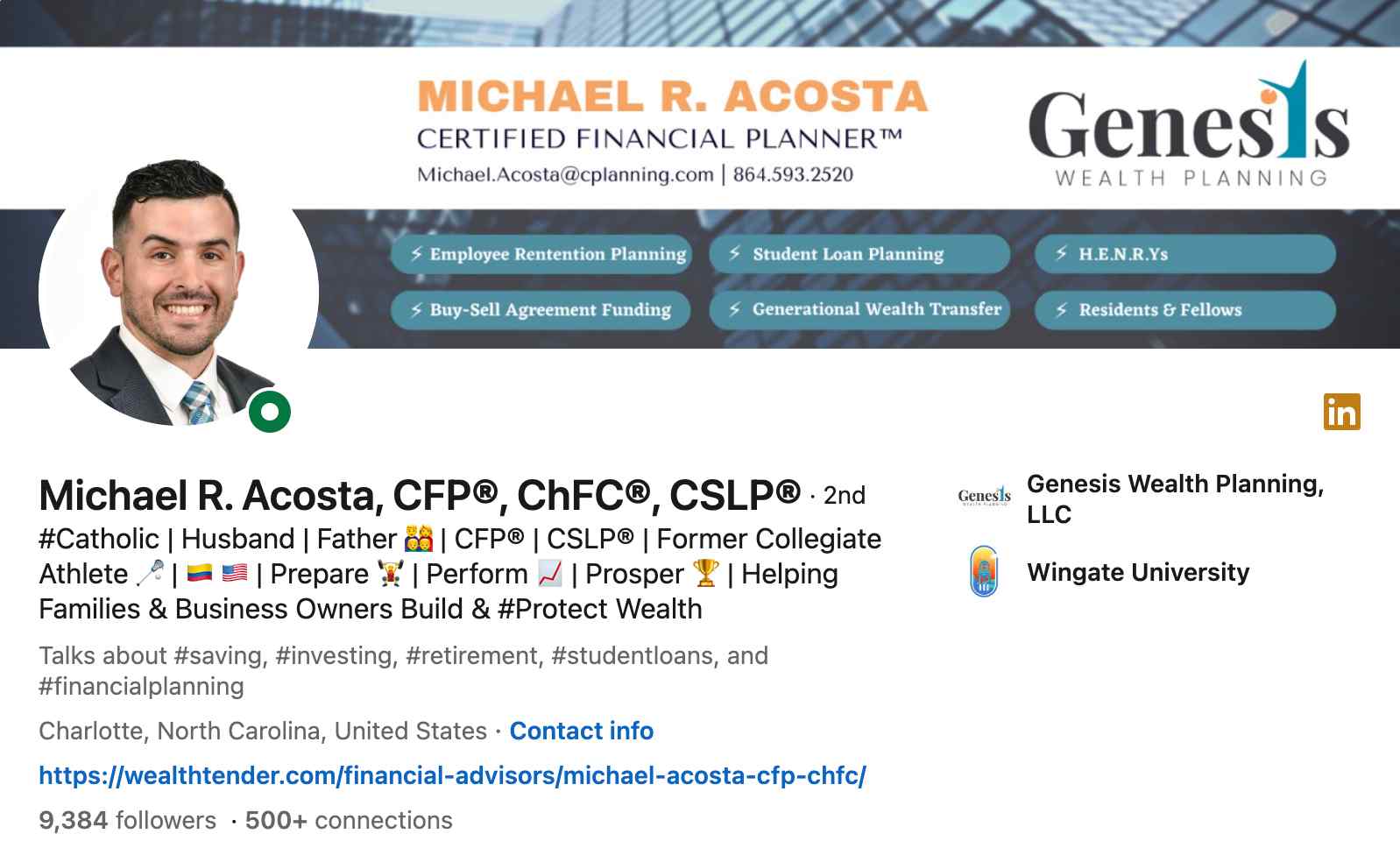 LinkedIn headline for financial advisor Michael R. Acosta.