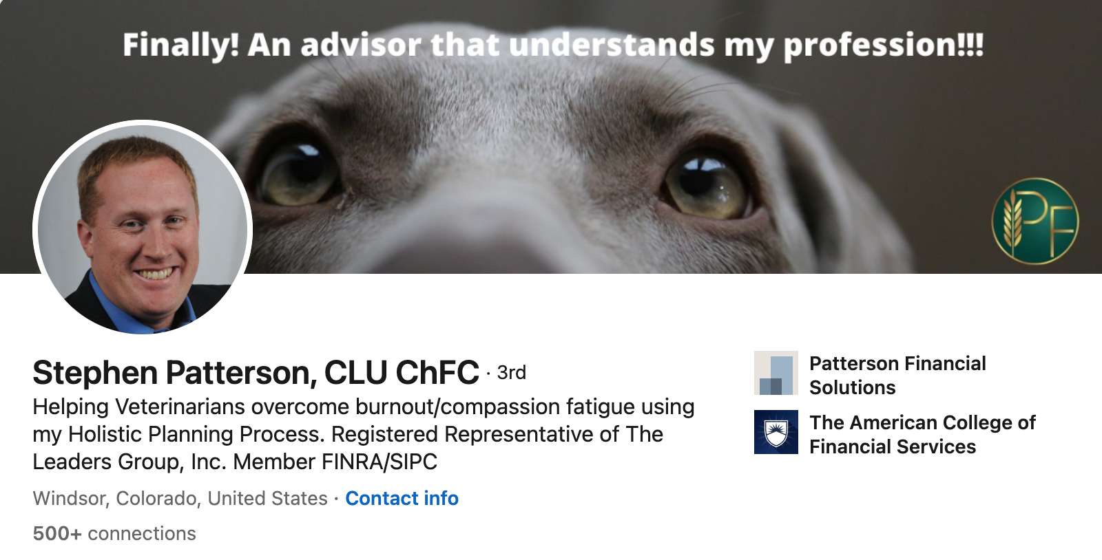 LinkedIn headline for financial advisor Stephen Patterson.