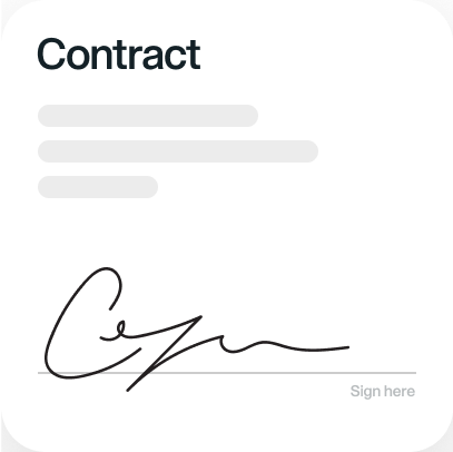 A dashboard card labeled Contract featuring text placeholders and a large digital signature above the words "Sign here."
