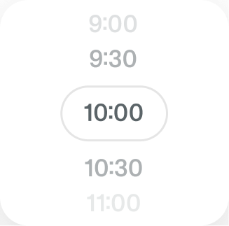 A simple time selection interface with 10:00 highlighted and selected among other times (9:00, 9:30, 10:30, 11:00).