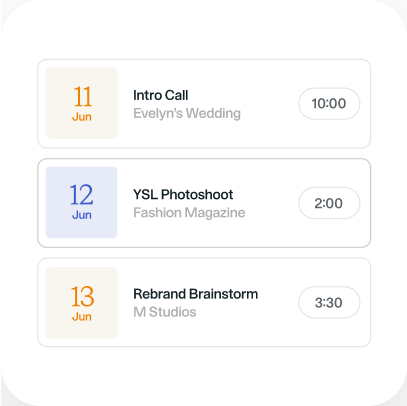 A simple calendar widget listing three scheduled events: Intro Call on June 11 at 10:00, YSL Photoshoot on June 12 at 2:00, and Rebrand Brainstorm on June 13 at 3:30.