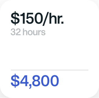 A simple price card showing a rate of $150/hr. for 32 hours, with a total of $4,800 in blue text below a divider line.