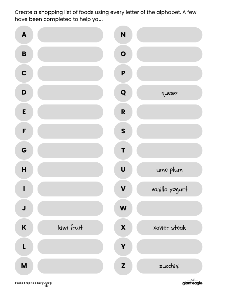 Grades 1–2 Activity 3 — Alphabet shopping list