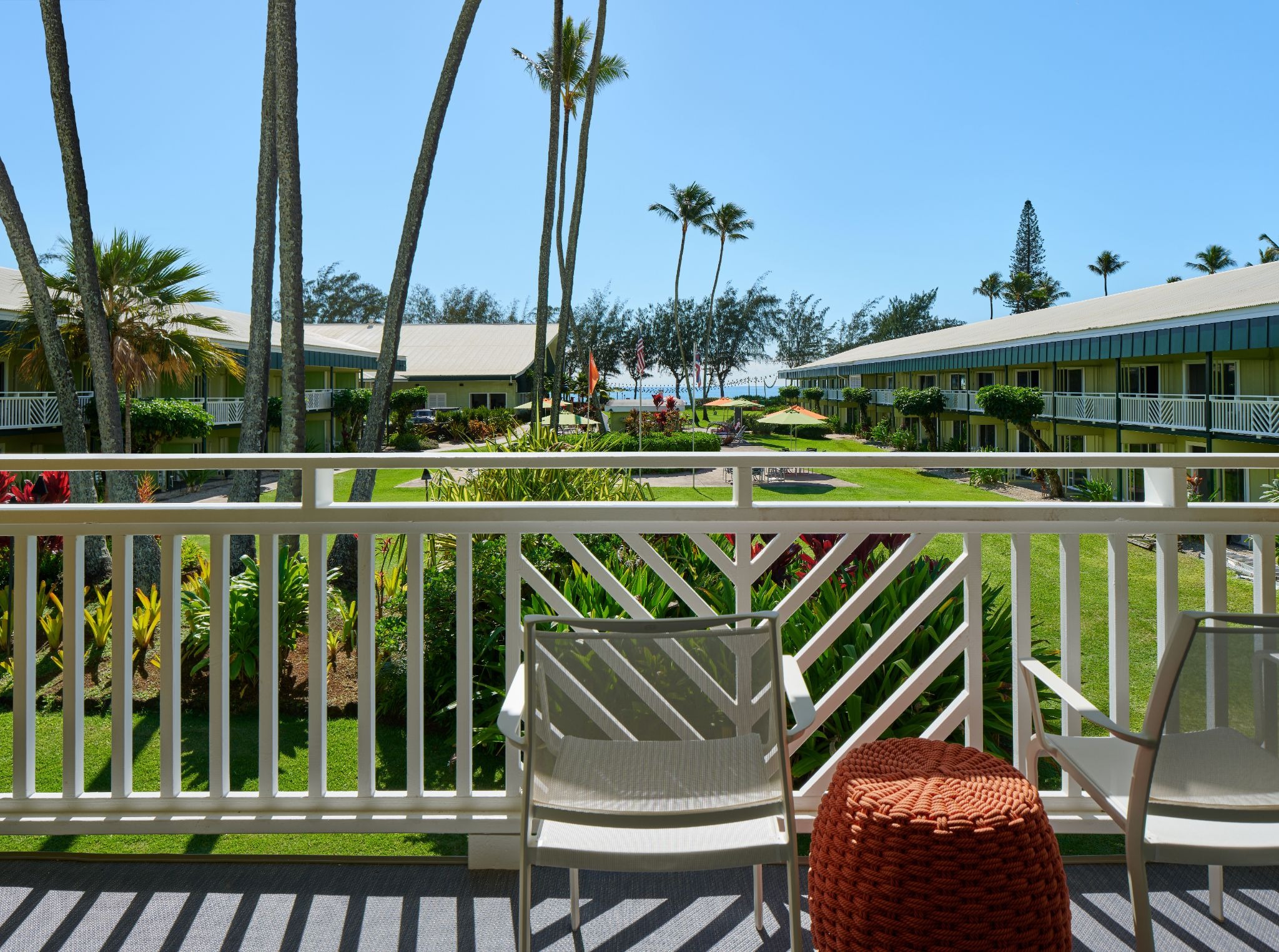 View from one of Kauai Shores Hotel room showcasing 70s island vibes.