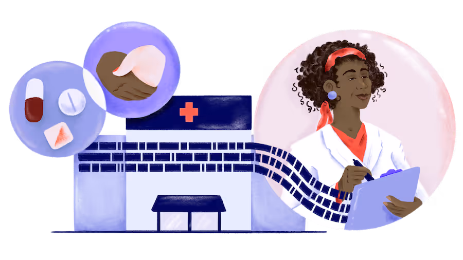 A clinician outside a hospital, with circles showing medications and a handshake, representing genomic medicine in diverse clinical settings