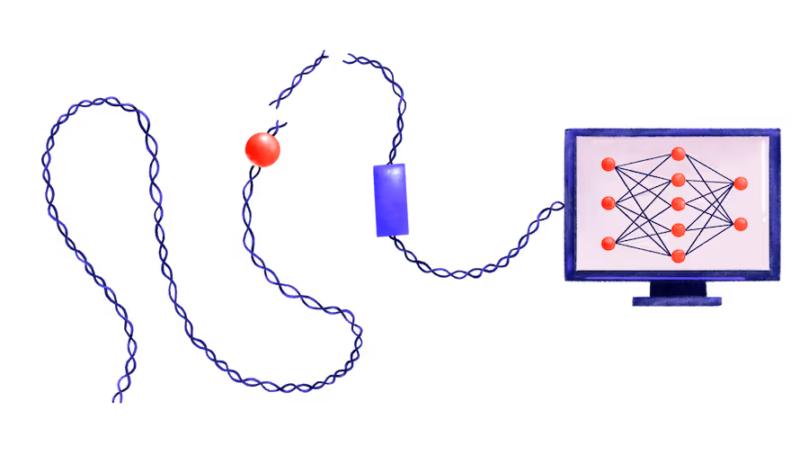 Braided DNA strand interrupted by a deletion and insertion variant, connected to a computer running a machine learning model.