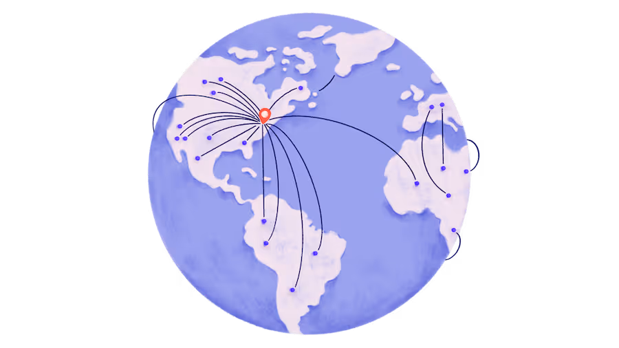 Illustrated globe with curved lines radiating from New York City to destinations across North America and Europe, showing global reach.