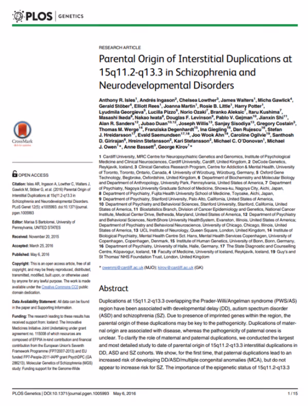 First page of article "Parental origin of interstitial duplications at 15q11.2-q13.3 in schizophrenia and neurodevelopmental disorders"