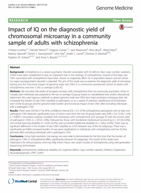 Cover page of article "Impact of IQ on the diagnostic yield of chromosomal microarray in a community sample of adults with schizophrenia"