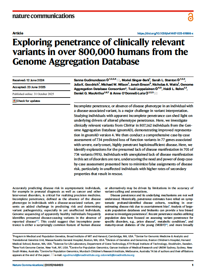 First page of research paper titled "Exploring penetrance of clinically relevant variants in over 800,000 humans from the Genome Aggregation Database"