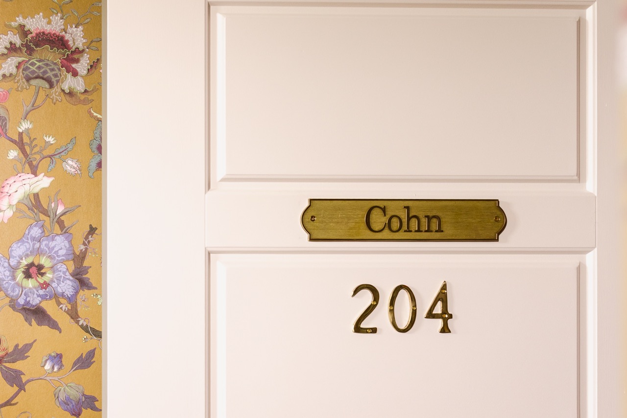 Suite entry door and wallpaper, The Cohn suite at Sylvan Park Boarding House, Nashville