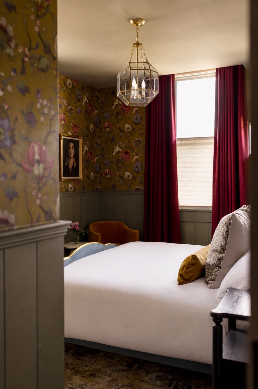 Full view of the room with botanical wallpaper, The Cohn suite