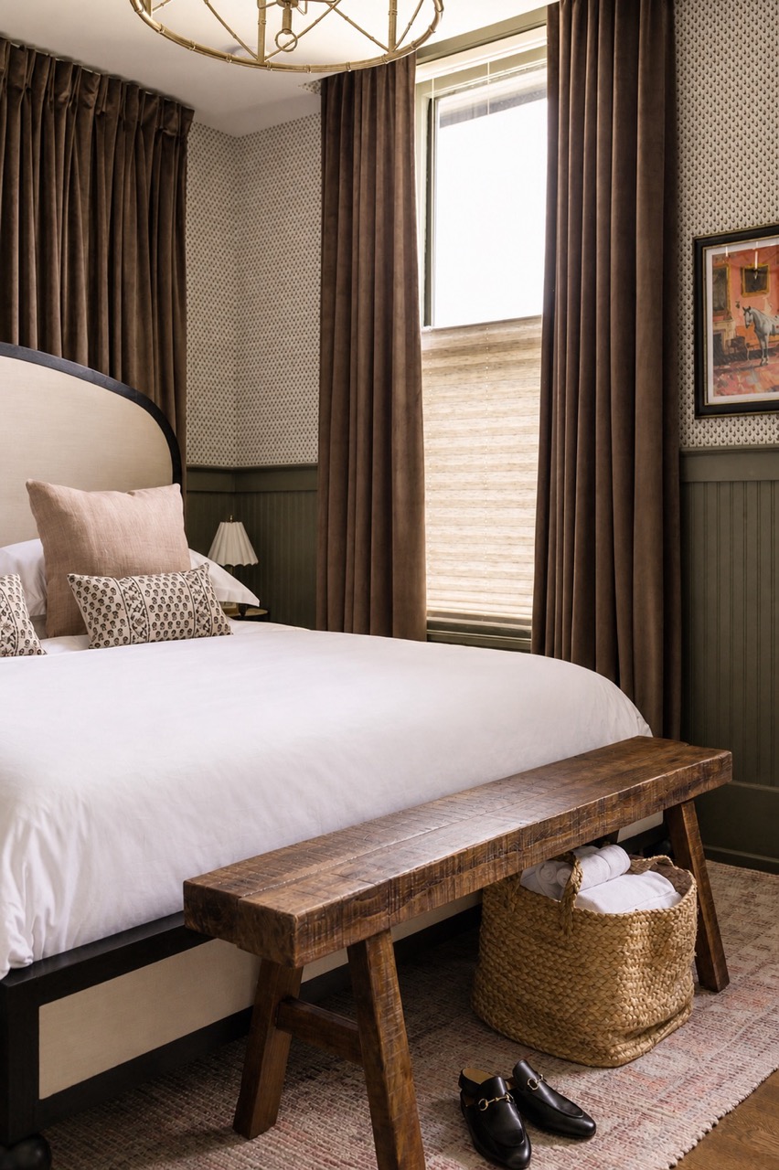 King bed and wallpapered walls, The Hutton suite