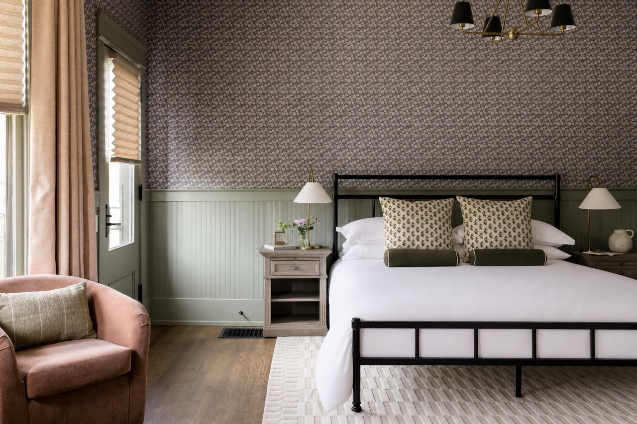 Wide view of the king bed and room, The Robertson suite at Sylvan Park Boarding House, Nashville