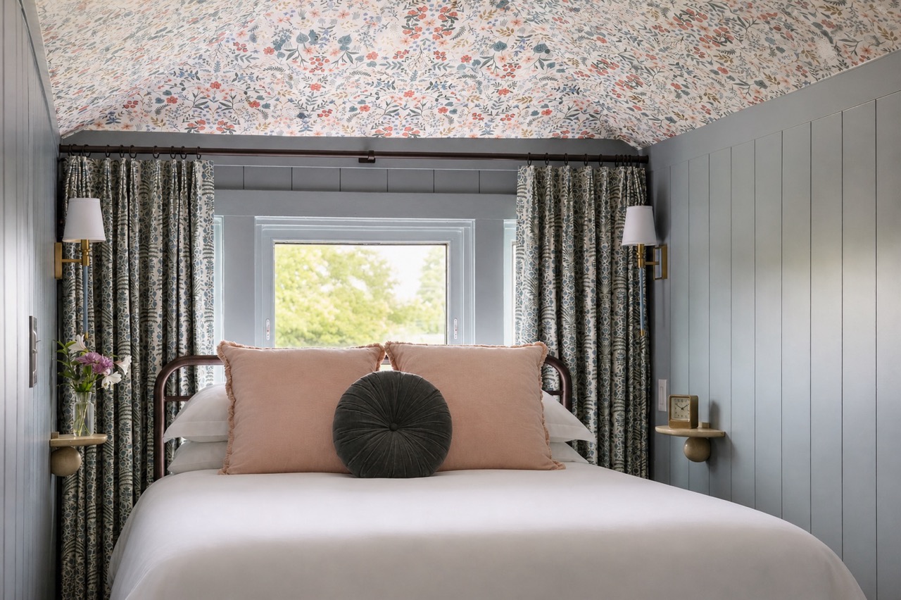 Queen bed tucked under the sloped loft ceiling, The Geny suite at Sylvan Park Boarding House, Nashville
