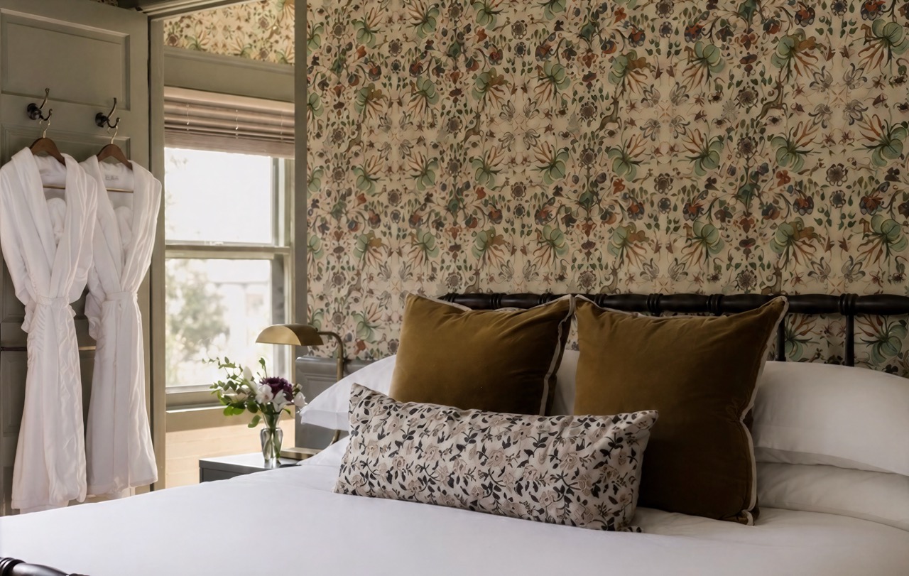 King bed with velvet pillows against floral wallpaper, The Bowling suite at Sylvan Park Boarding House, Nashville
