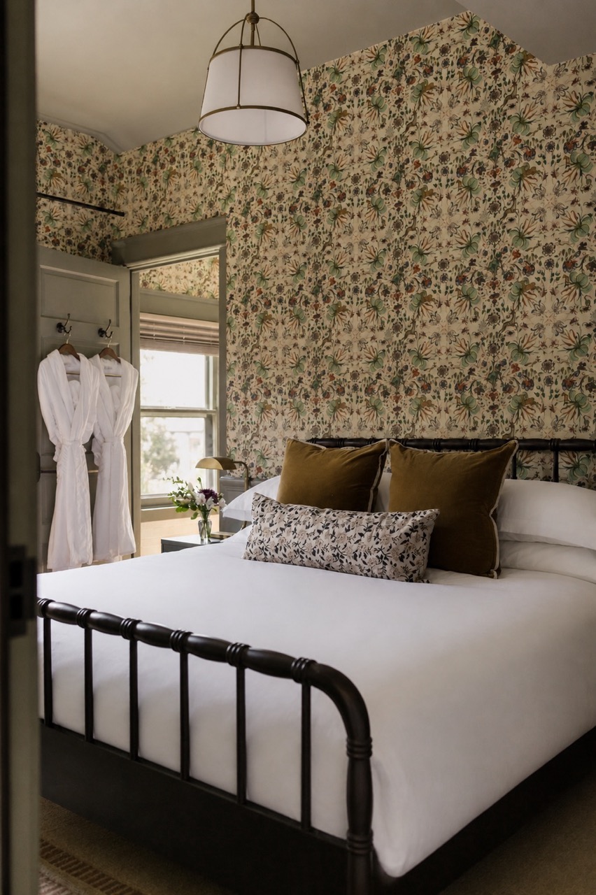 King bed with crisp white linens, The Bowling suite