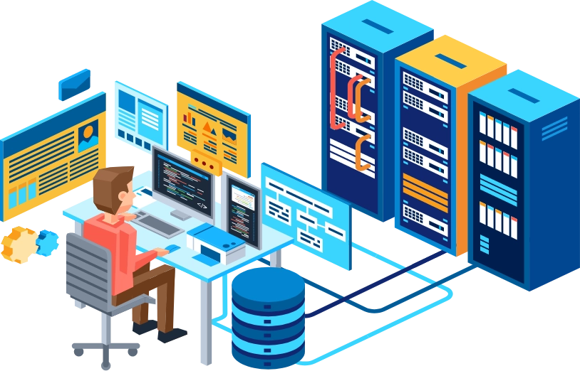 A person on computer working that is connected to server racks