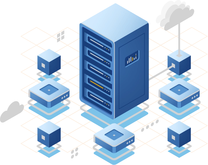 Computers and devices surrounding a server rack