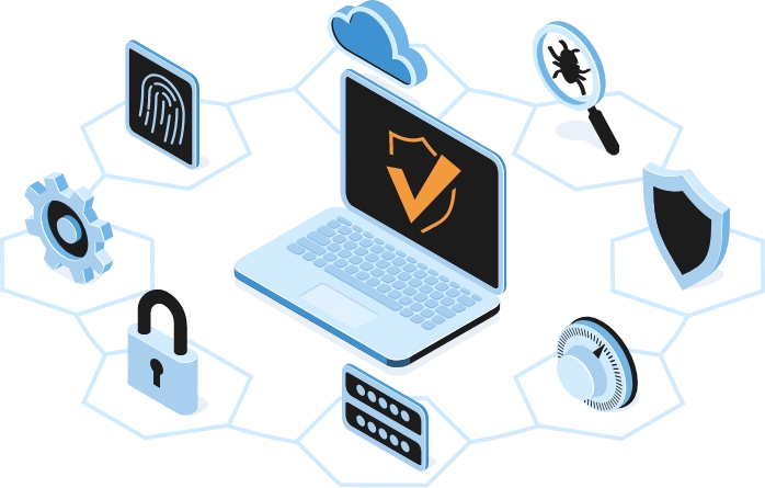 Icons of privacy and security surrounding a laptop