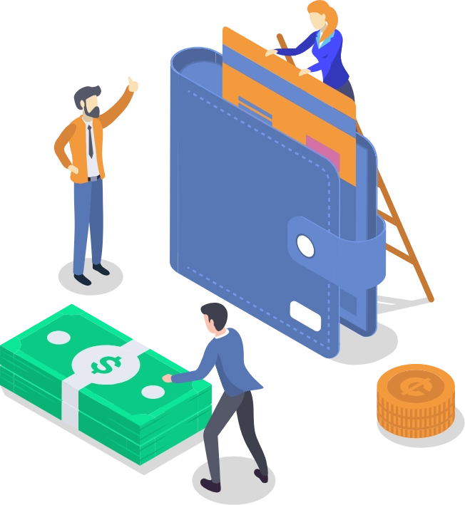 People interacting with giant wallet, coins, and money