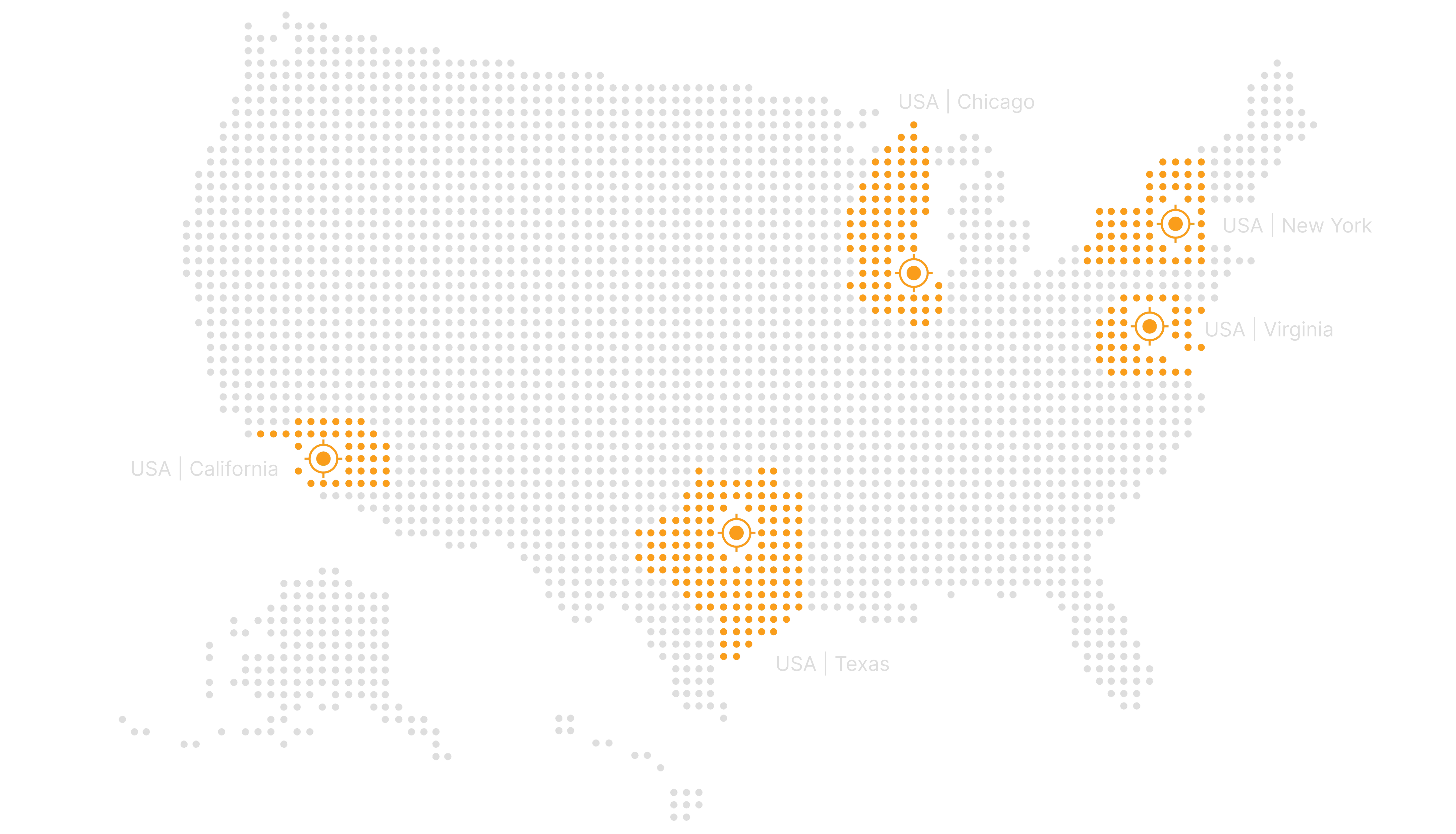 A map of the United States with dots on Chicago, New York, Ashburn, Los Angeles, and Dallas