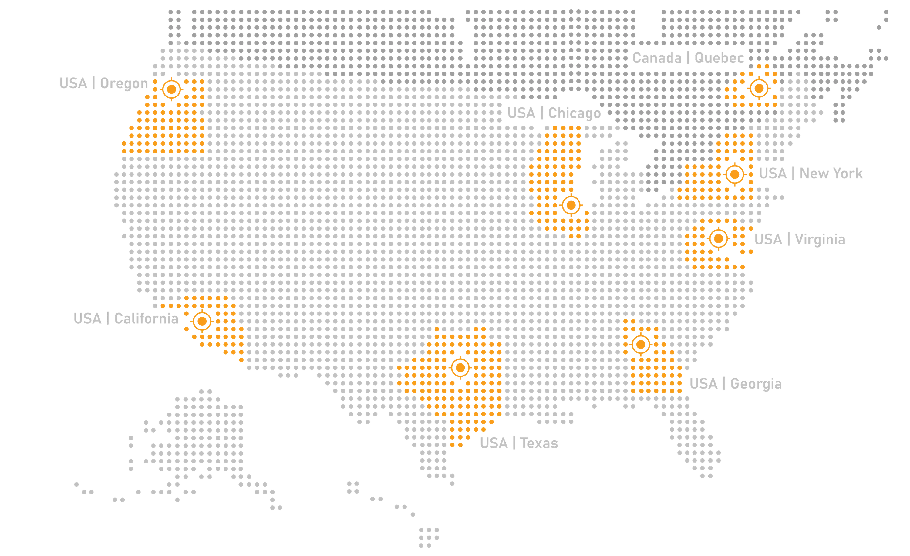A map of the United States with dots on Chicago, New York, Ashburn, Los Angeles, and Dallas