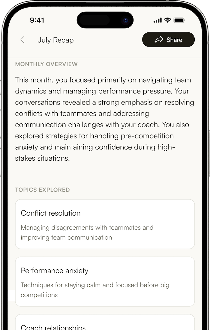 Mobile screen showing July Recap summary with monthly overview and topics explored, including conflict resolution and performance anxiety.