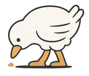 Cartoon white bird pecking at food on the ground with orange beak and legs.