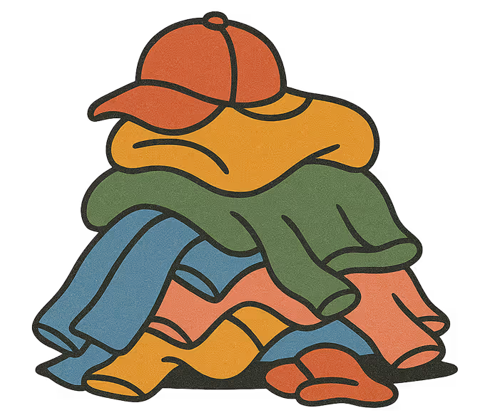 Illustration of a pile of colorful folded clothes with an orange cap on top.
