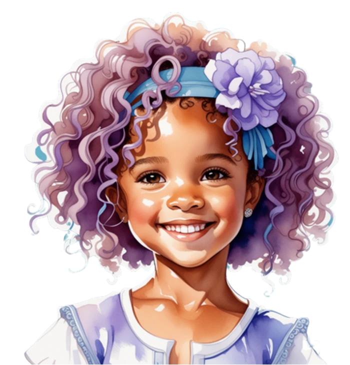 Portrait of a smiling young girl with curly purple hair, wearing a blue headband with a purple flower and a light blue top.