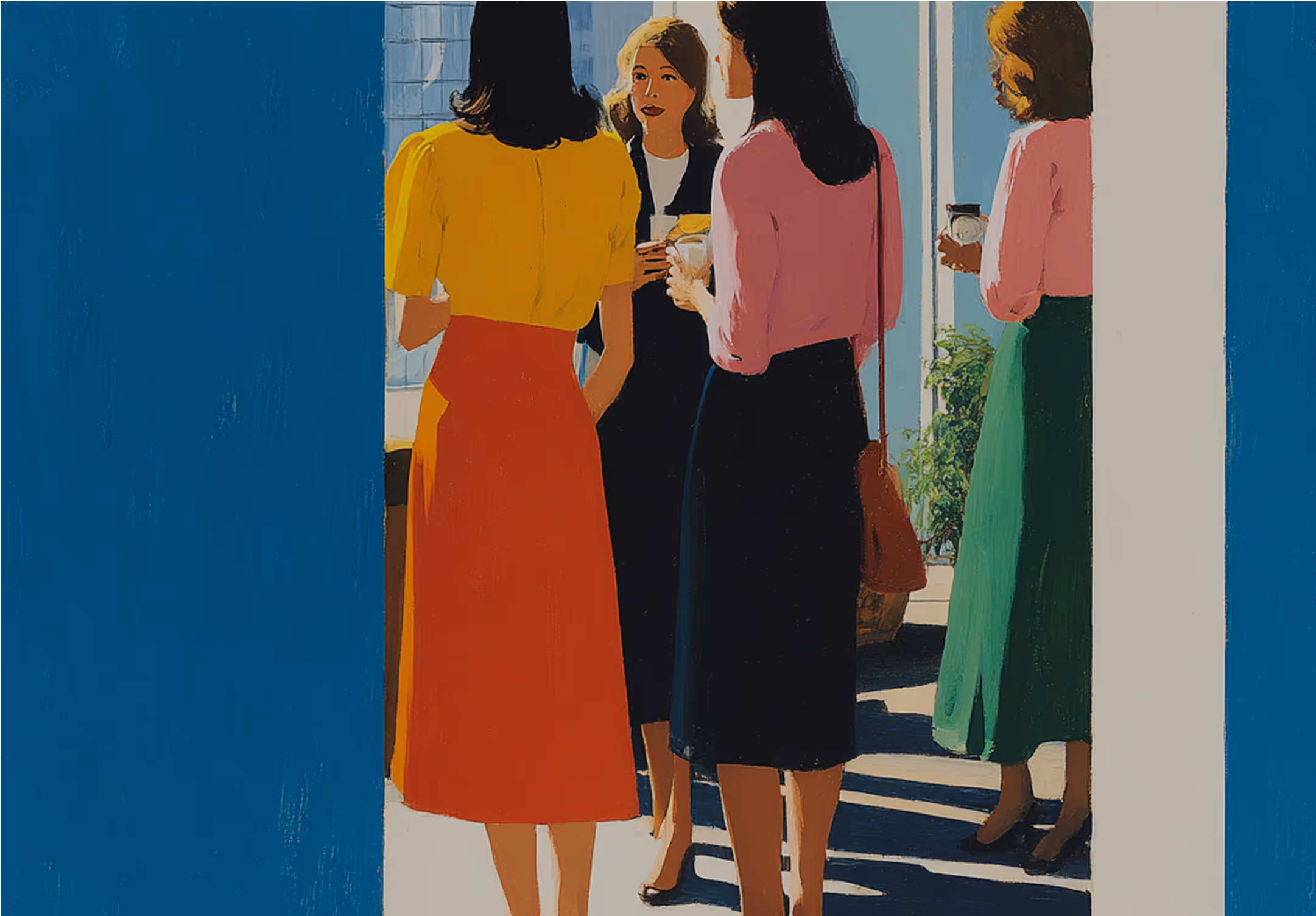 Illustrated painting of four women standing together in conversation. They are wearing brightly coloured skirts and blouses (yellow, red, pink, green, black). Two are holding takeaway coffee cups. Sunlight casts shadows on the ground.