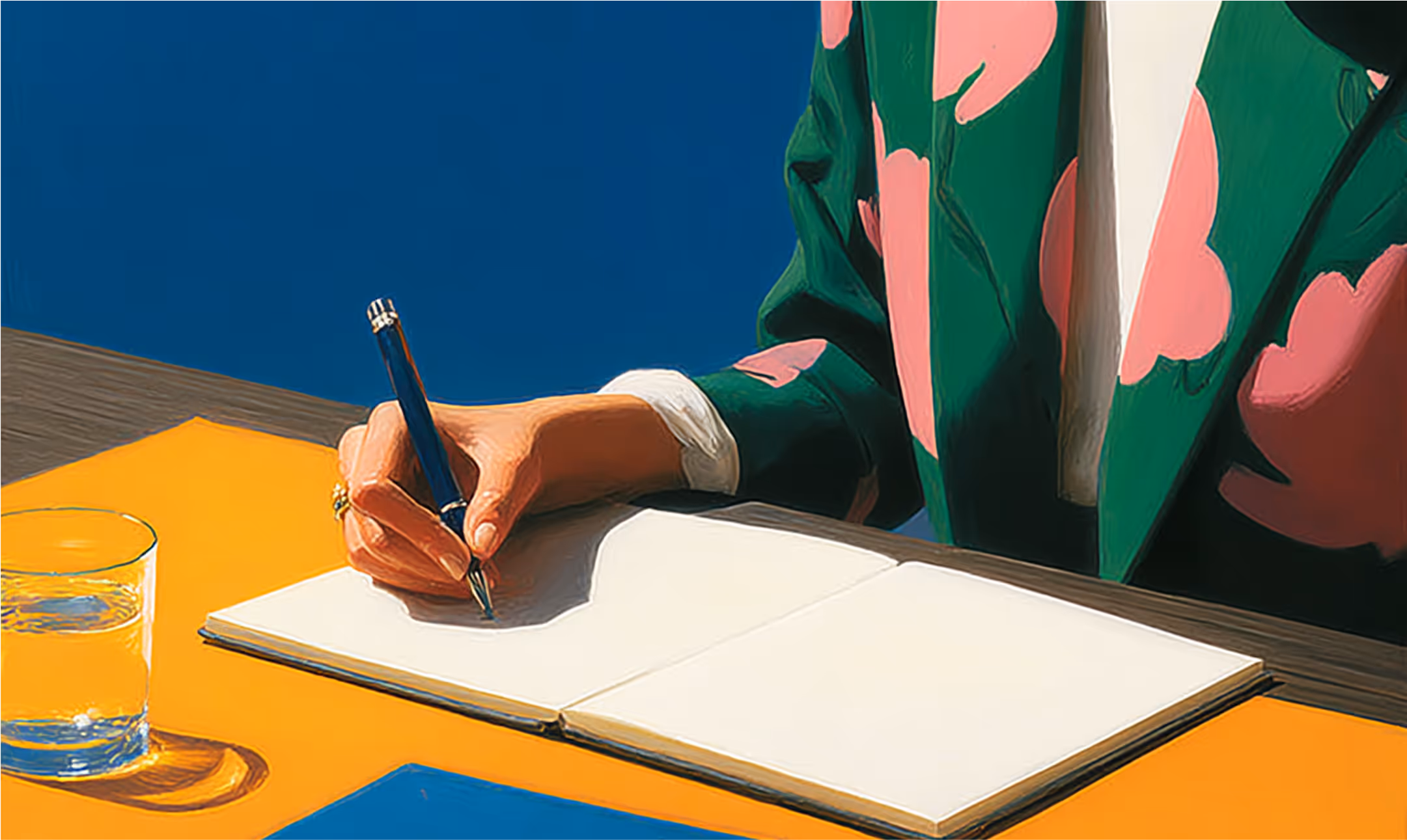 Illustrated painting of a person wearing a green jacket with pink shapes, seated at a desk with a timber surface. They are writing in an open blank notebook with a pen. A glass of water is placed on the table.