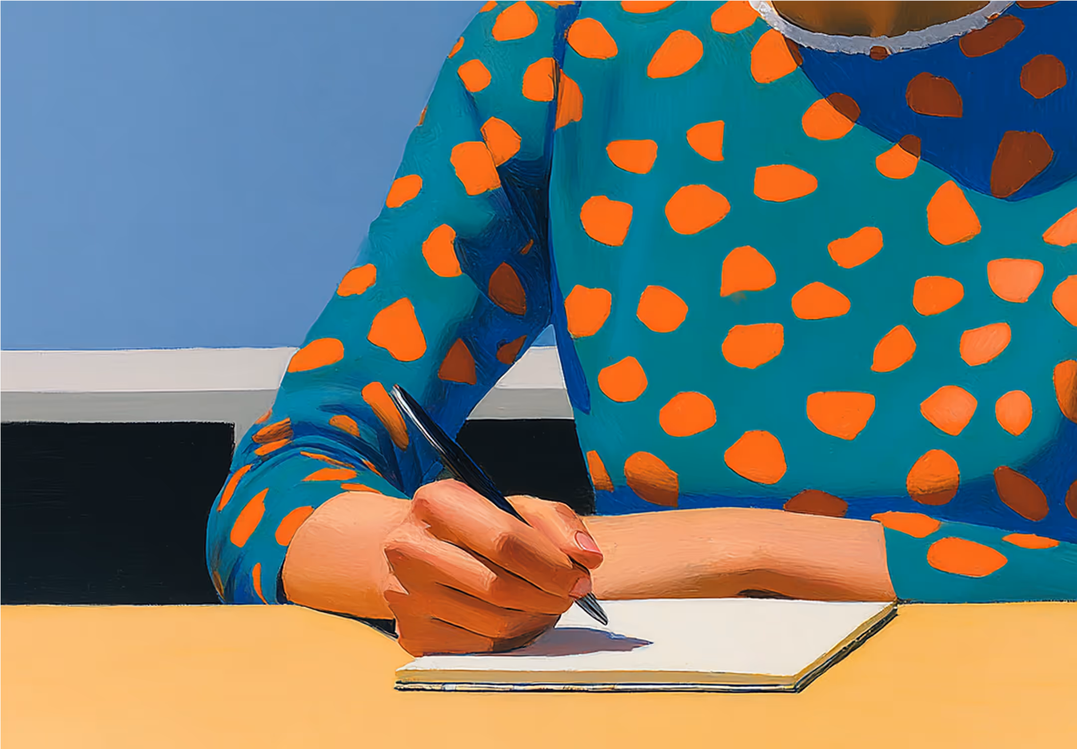 Illustrated painting of a person in a blue shirt with large orange polka dots, sitting at a desk with a light timber surface. They are holding a pen and writing in an open blank notebook.