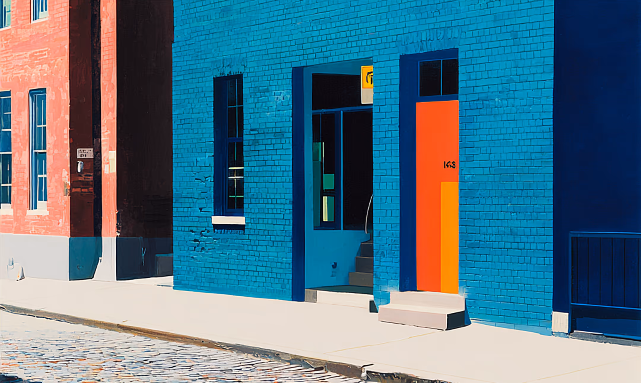 Illustrated scene of a street view of a brightly painted brick building with a vivid turquoise wall and a bold red-orange door numbered 148, beside a contrasting red-brick building and a cobblestone sidewalk.