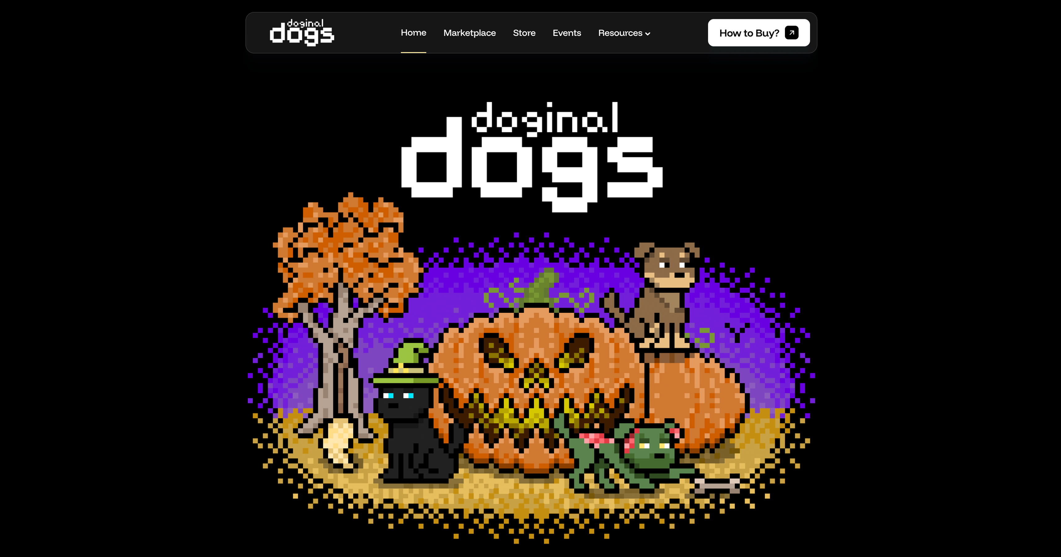 Halloween Doginal Dogs hero with witch-hat cat, zombie dog, and jack-o'-lantern.