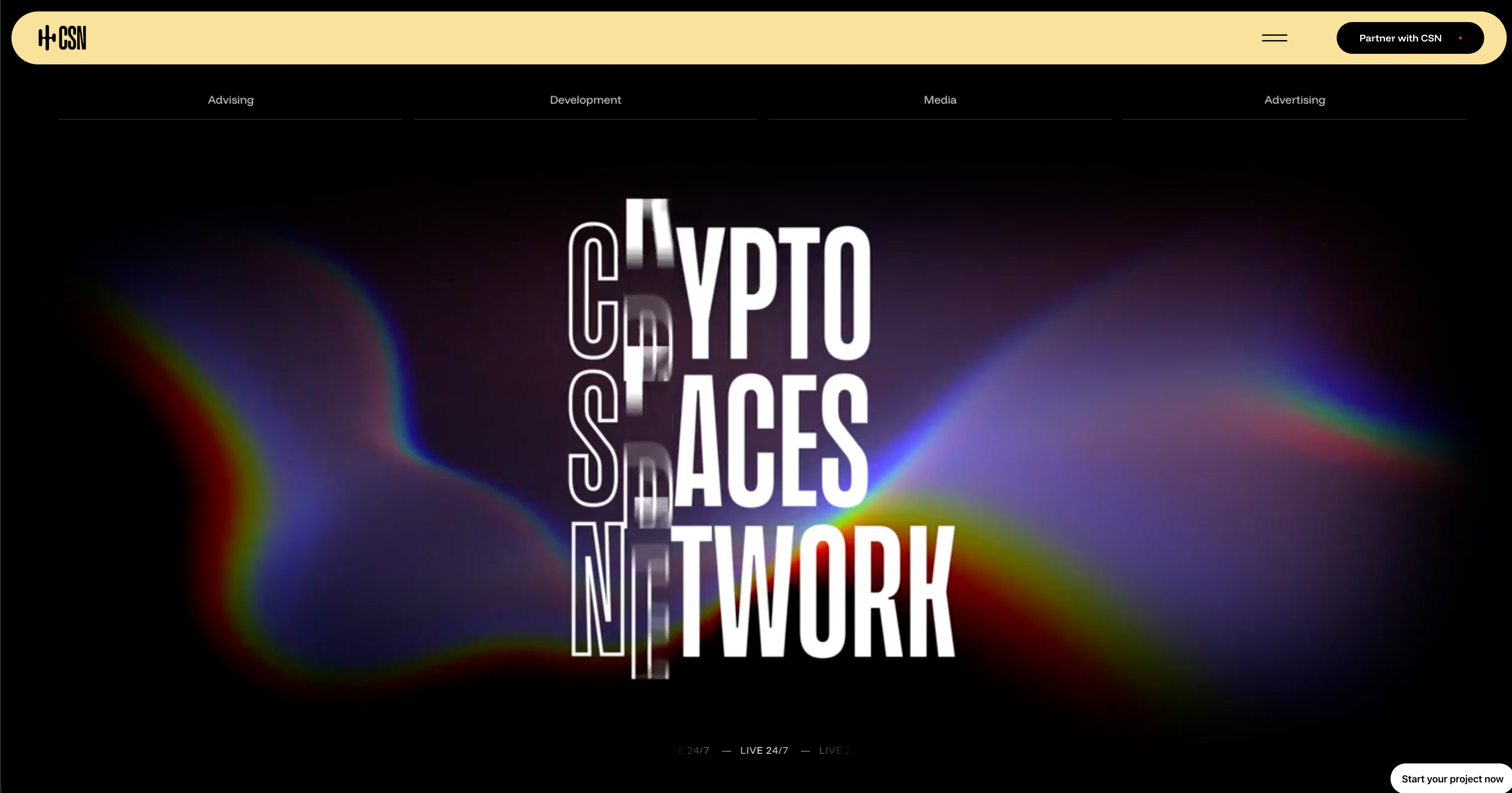 Crypto Spaces Network hero with glitch typography over a colorful light wave.