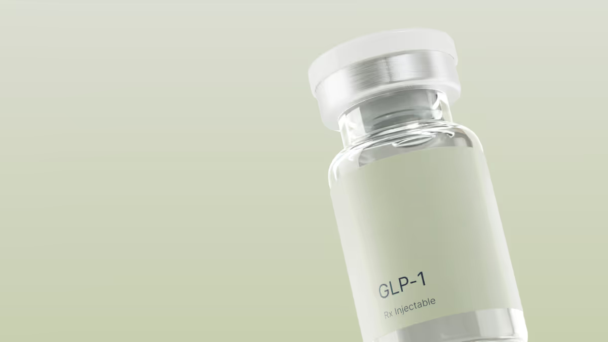Vial labeled 'effecty GLP-1 Rx Injectable' against a light beige background.