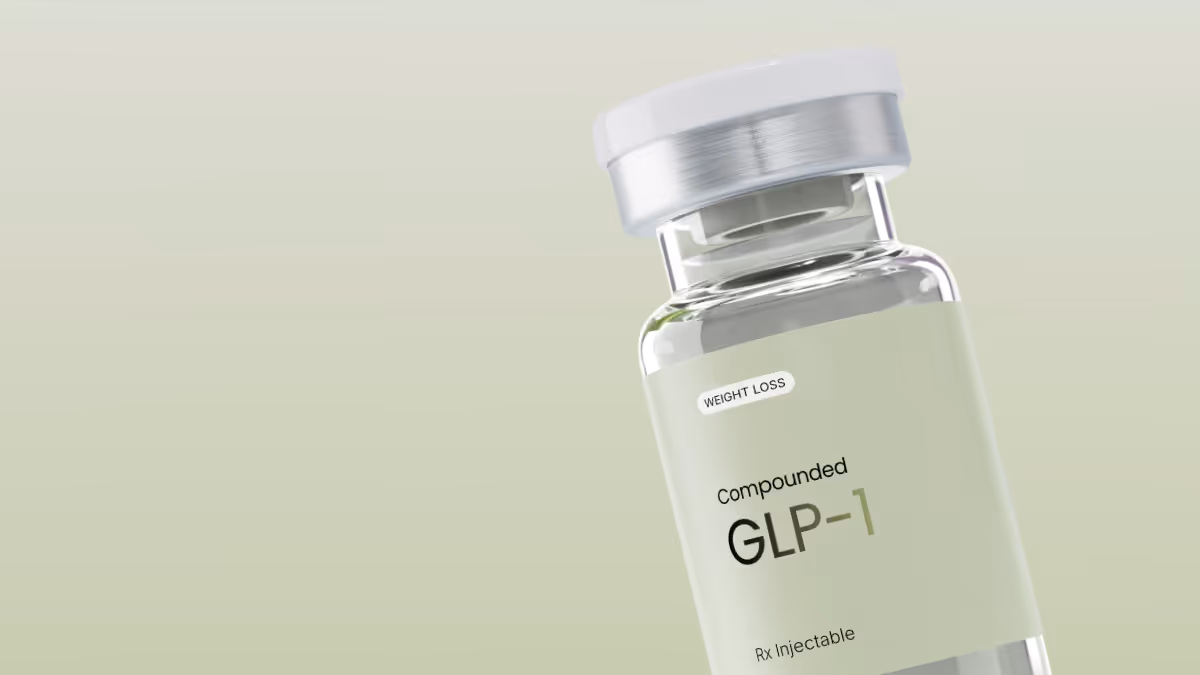 Vial labeled 'effecty GLP-1 Rx Injectable' against a light beige background.