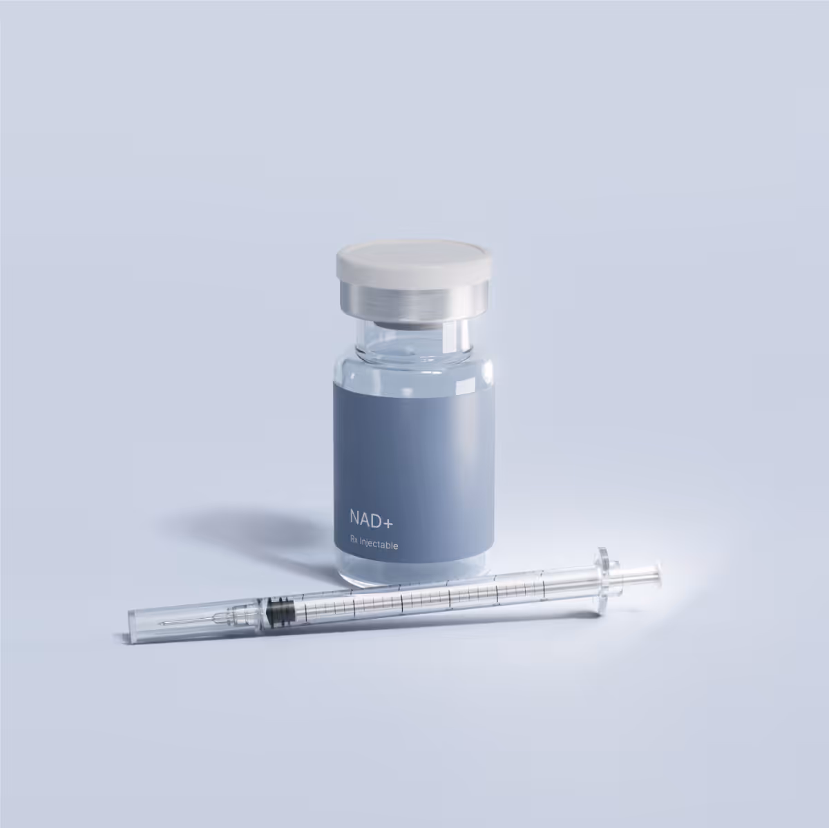 Vial labeled 'effecty. NAD+ Rx Injectable' next to a syringe on a light blue surface.