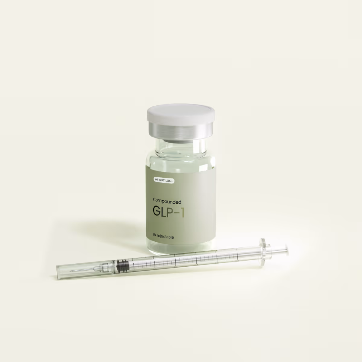 Vial labeled 'effecty GLP-1 Rx injectable' with a clear syringe placed in front on a light background.