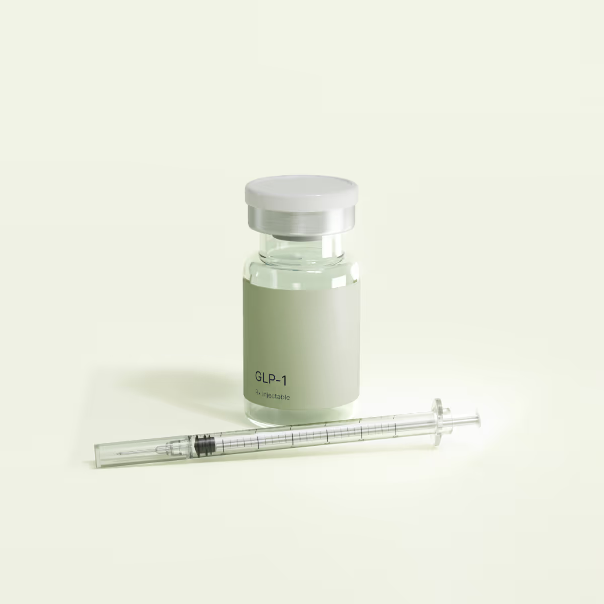 Vial labeled 'effecty GLP-1 Rx injectable' with a clear syringe placed in front on a light background.