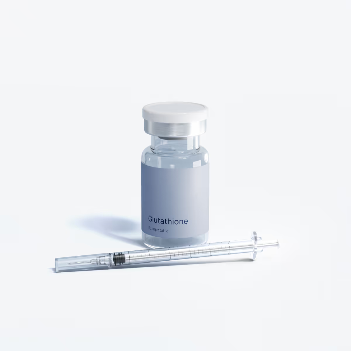 Small glass vial labeled 'effecty Glutathione Rx Injectable' next to a clear syringe on a white background.