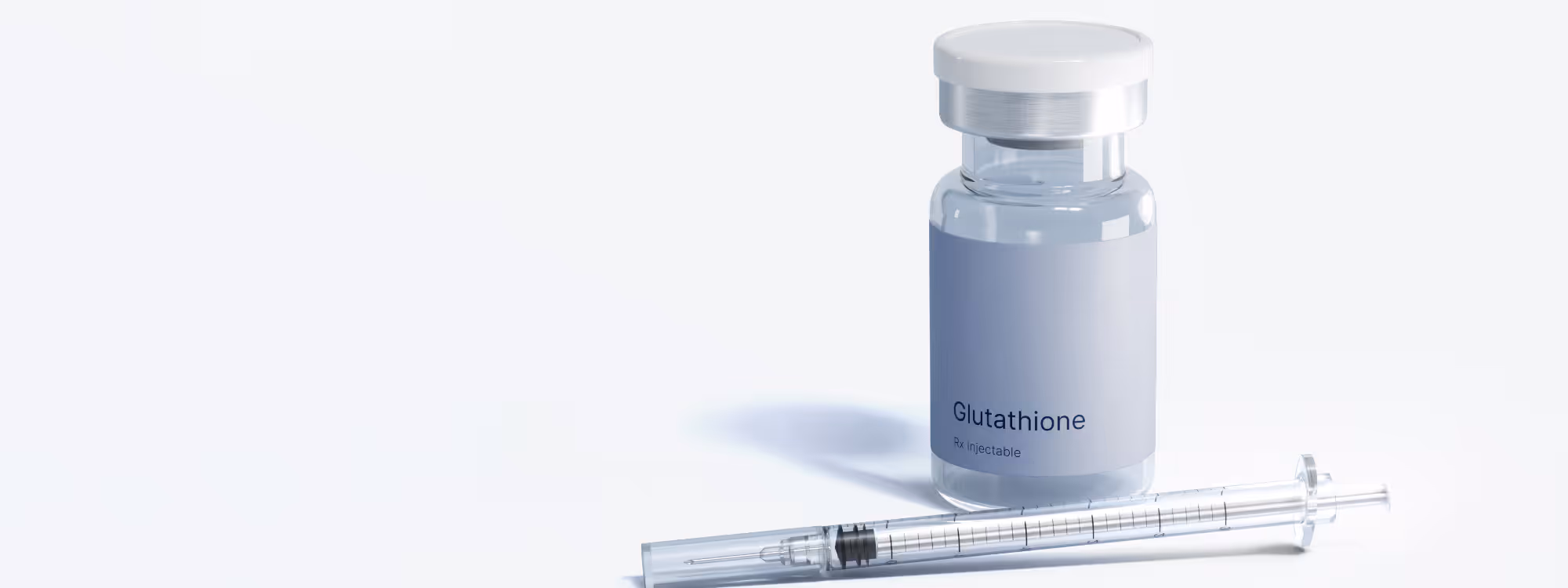 Clear vial labeled 'effecty Glutathione Rx injectable' next to a transparent syringe on a white surface.