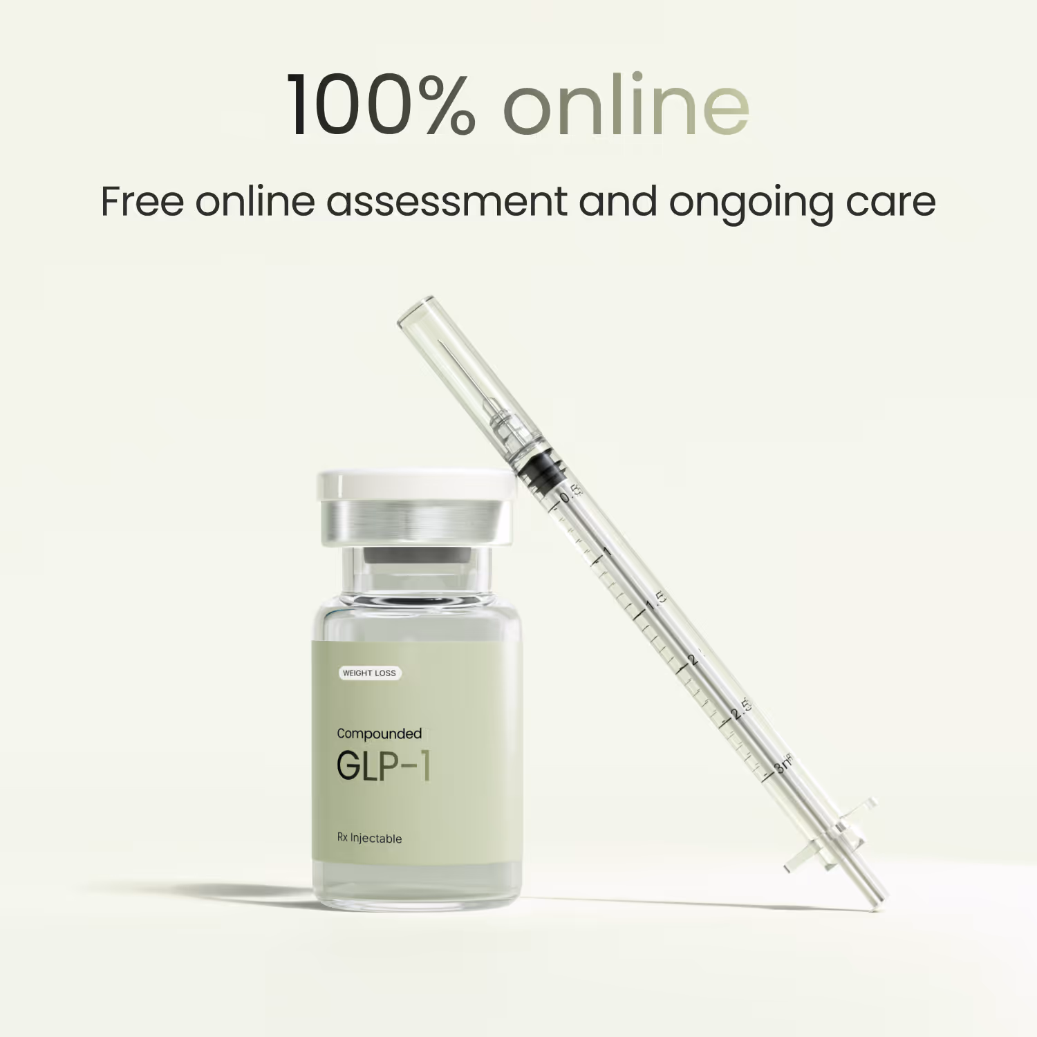 Vial labeled 'effecty GLP-1 Rx Injectable' next to a filled syringe, with text above stating '100% online Free online assessment and ongoing care.'