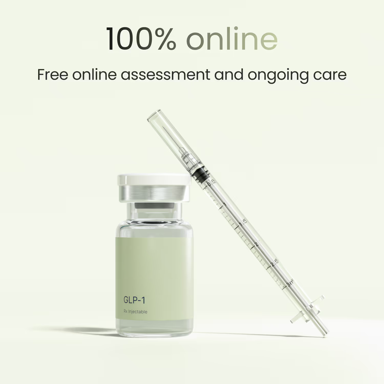 Vial labeled 'effecty GLP-1 Rx Injectable' next to a filled syringe, with text above stating '100% online Free online assessment and ongoing care.'