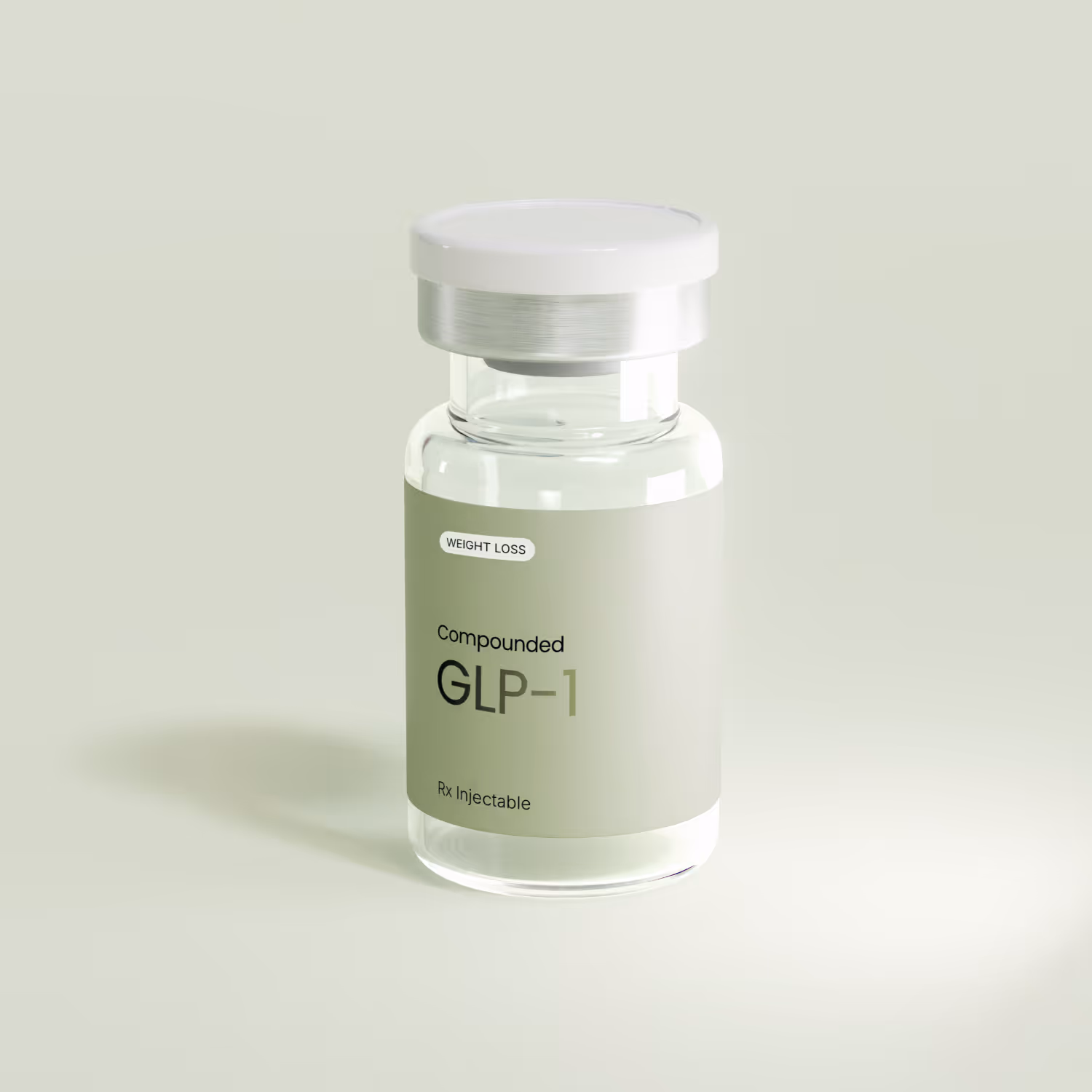 Clear glass vial labeled 'effecty. GLP-1 Rx Injectable' with a white cap on a light background.